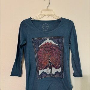 Lucky Brand Blue Long Sleeve Top with Peacock Design